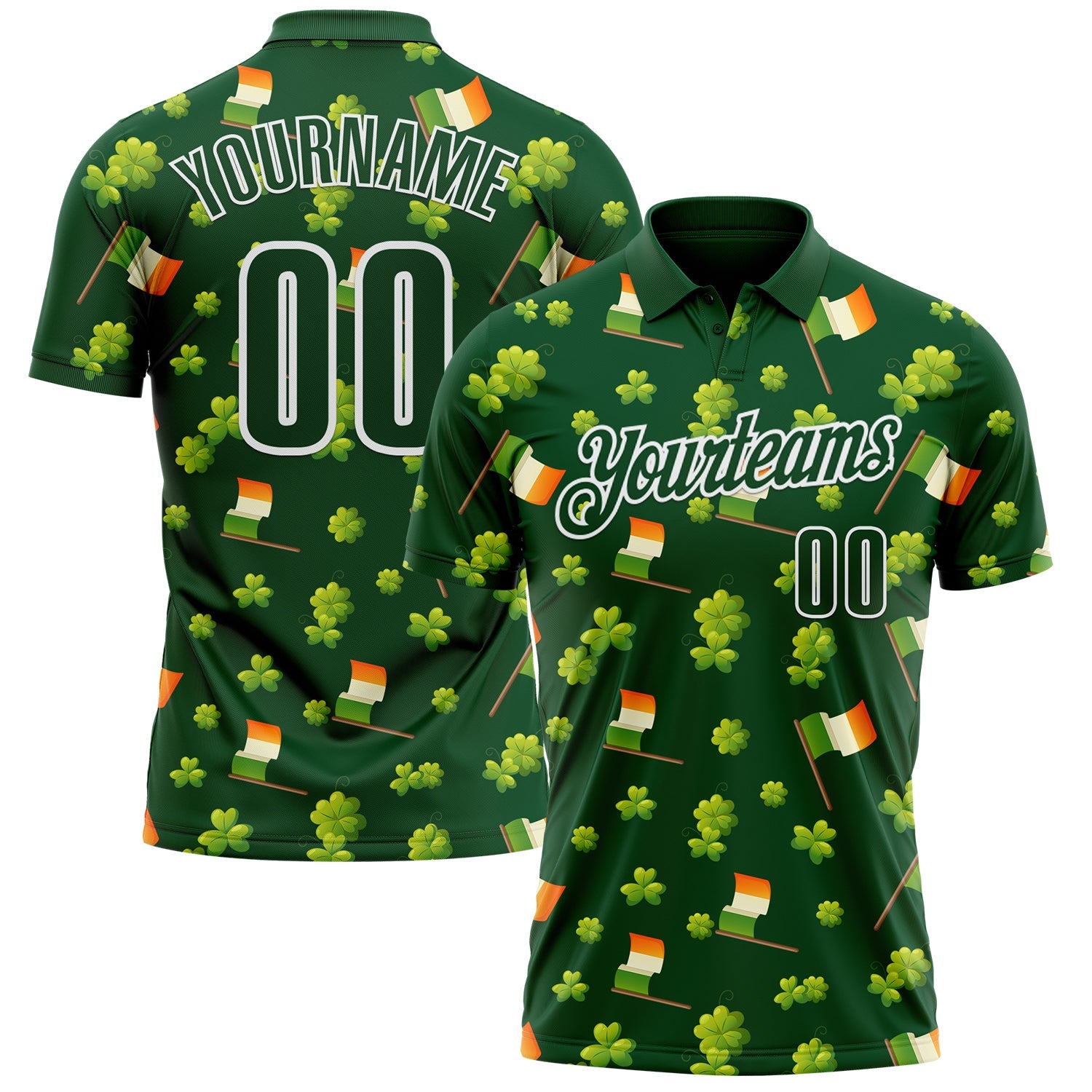 Custom Green White 3D St. Patrick's Day Shamrock Performance Polo Shirt - Main View