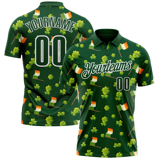 Custom Green White 3D St. Patrick's Day Shamrock Performance Polo Shirt - Main View