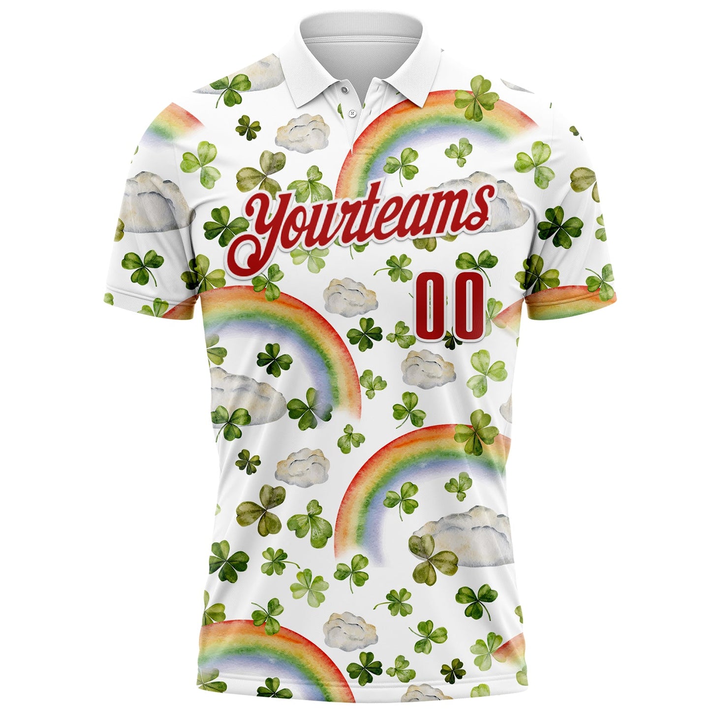 Custom White Red 3D St. Patrick's Day Shamrock Performance Polo Shirt view 2