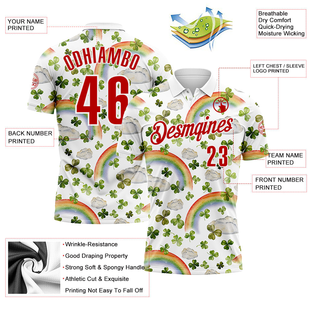 Custom White Red 3D St. Patrick's Day Shamrock Performance Polo Shirt view 3