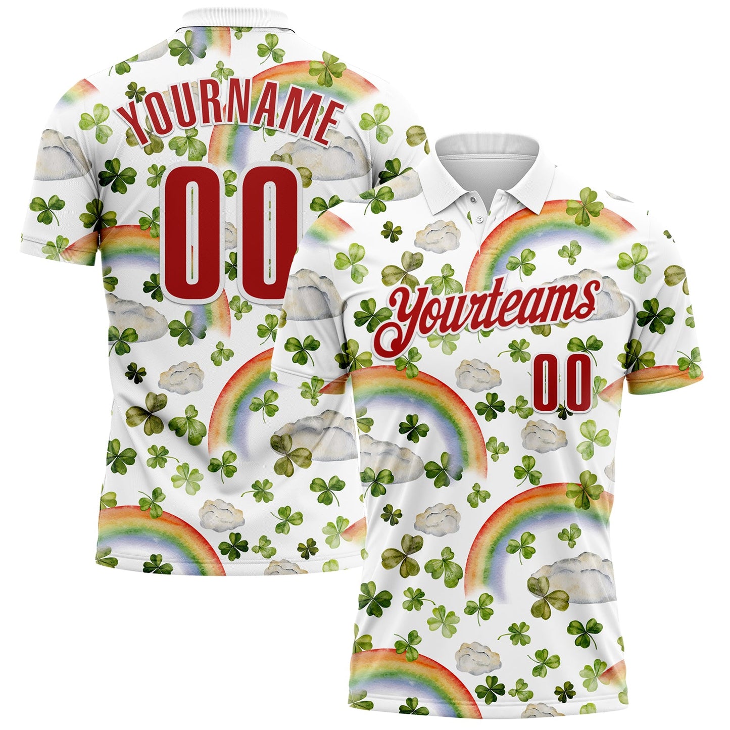 Custom White Red 3D St. Patrick's Day Shamrock Performance Polo Shirt - Main View