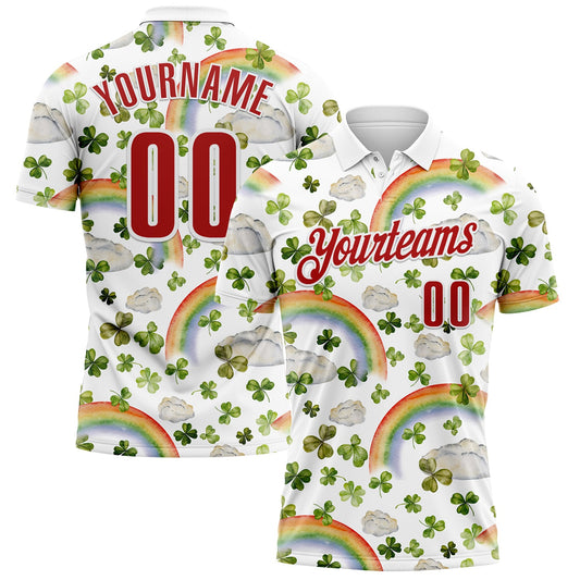 Custom White Red 3D St. Patrick's Day Shamrock Performance Polo Shirt - Main View
