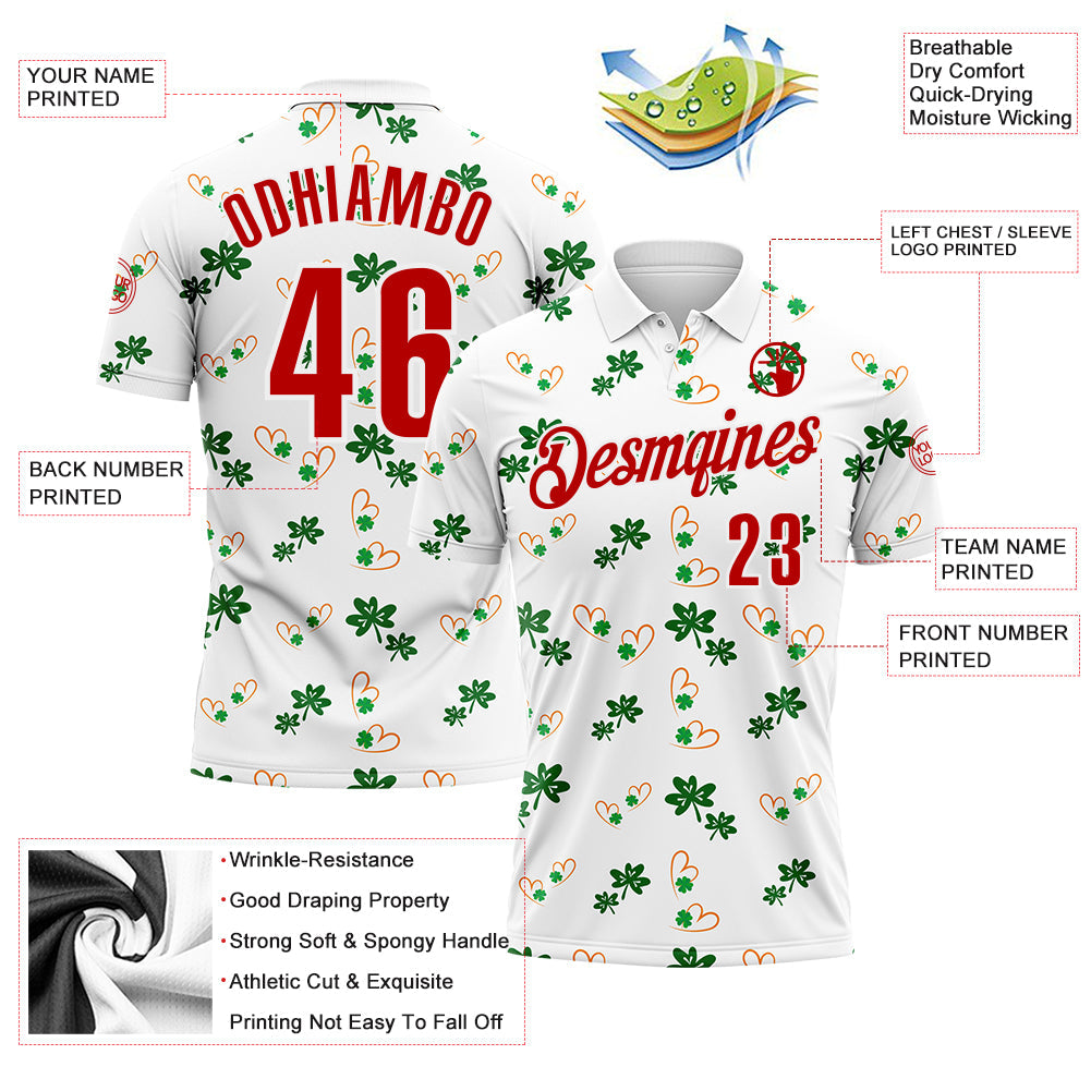 Custom White Red 3D St. Patrick's Day Shamrock Performance Polo Shirt view 3