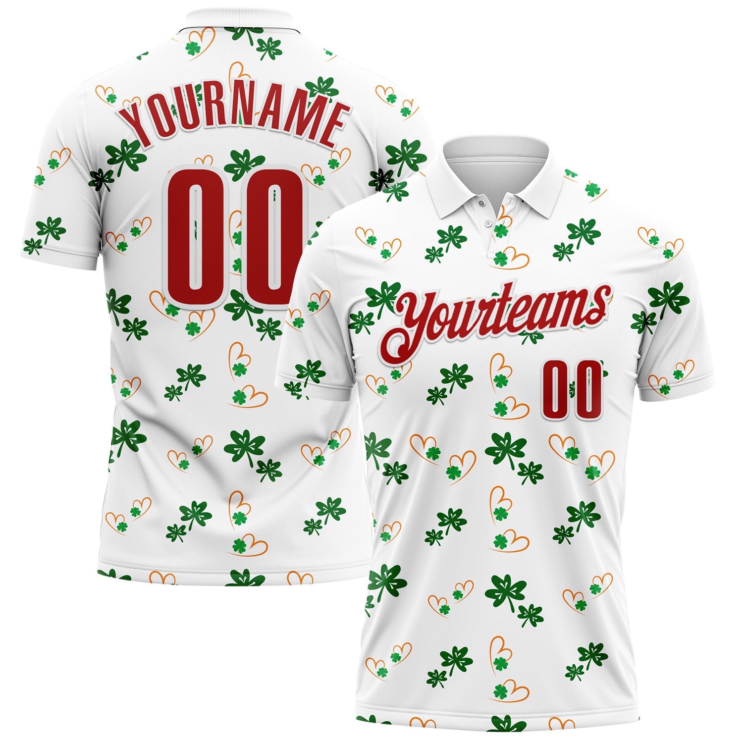 Custom White Red 3D St. Patrick's Day Shamrock Performance Polo Shirt - Main View