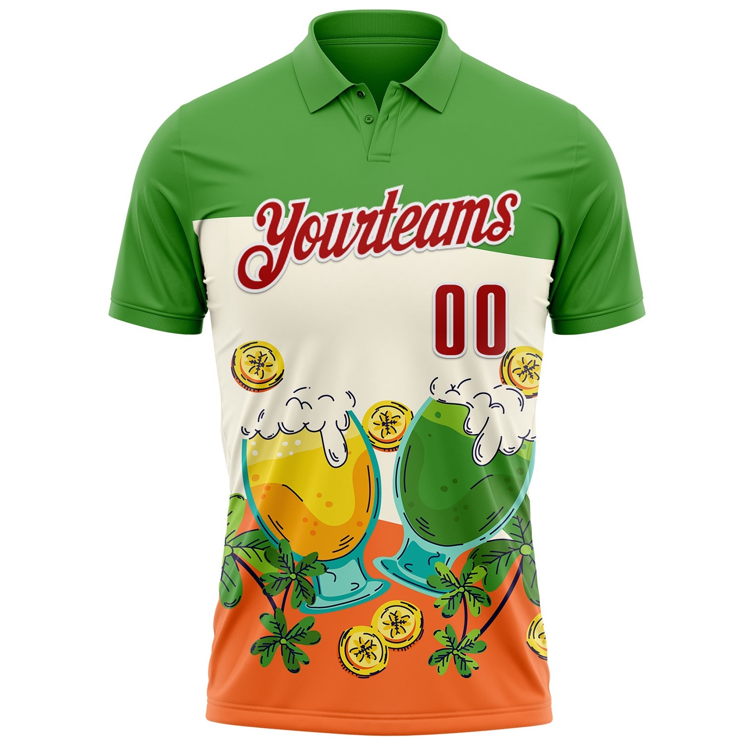 Custom Green Red-White 3D St. Patrick's Day Shamrock Beer Performance Polo Shirt view 2