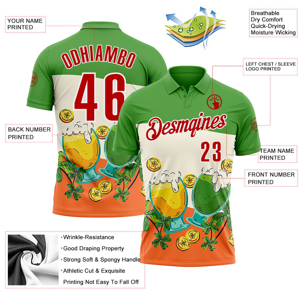Custom Green Red-White 3D St. Patrick's Day Shamrock Beer Performance Polo Shirt view 3
