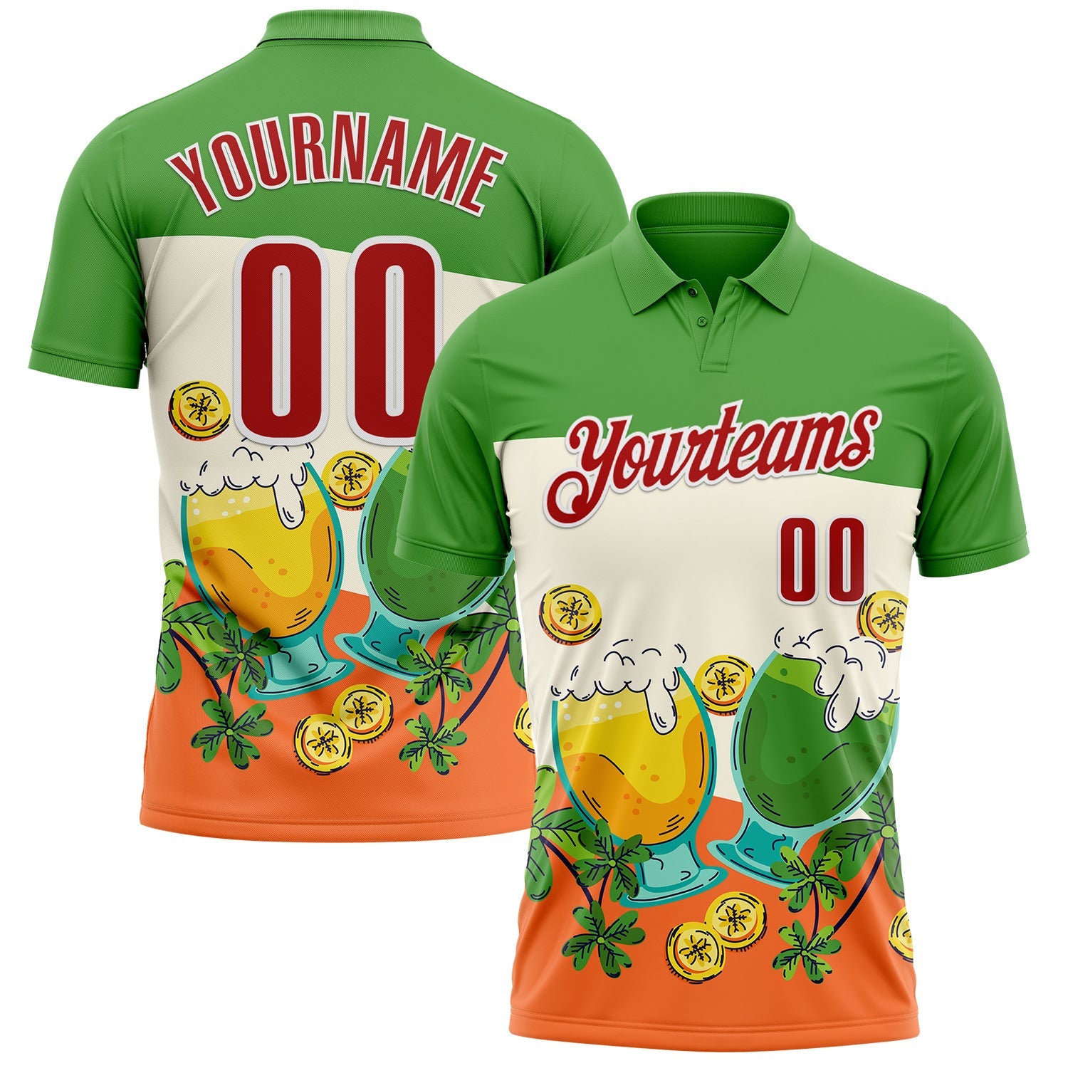 Custom Green Red-White 3D St. Patrick's Day Shamrock Beer Performance Polo Shirt - Main View