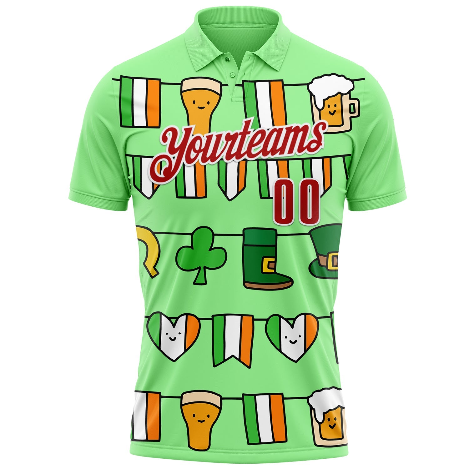 Custom Pea Green Red-White 3D St. Patrick's Day Shamrock Performance Polo Shirt view 2