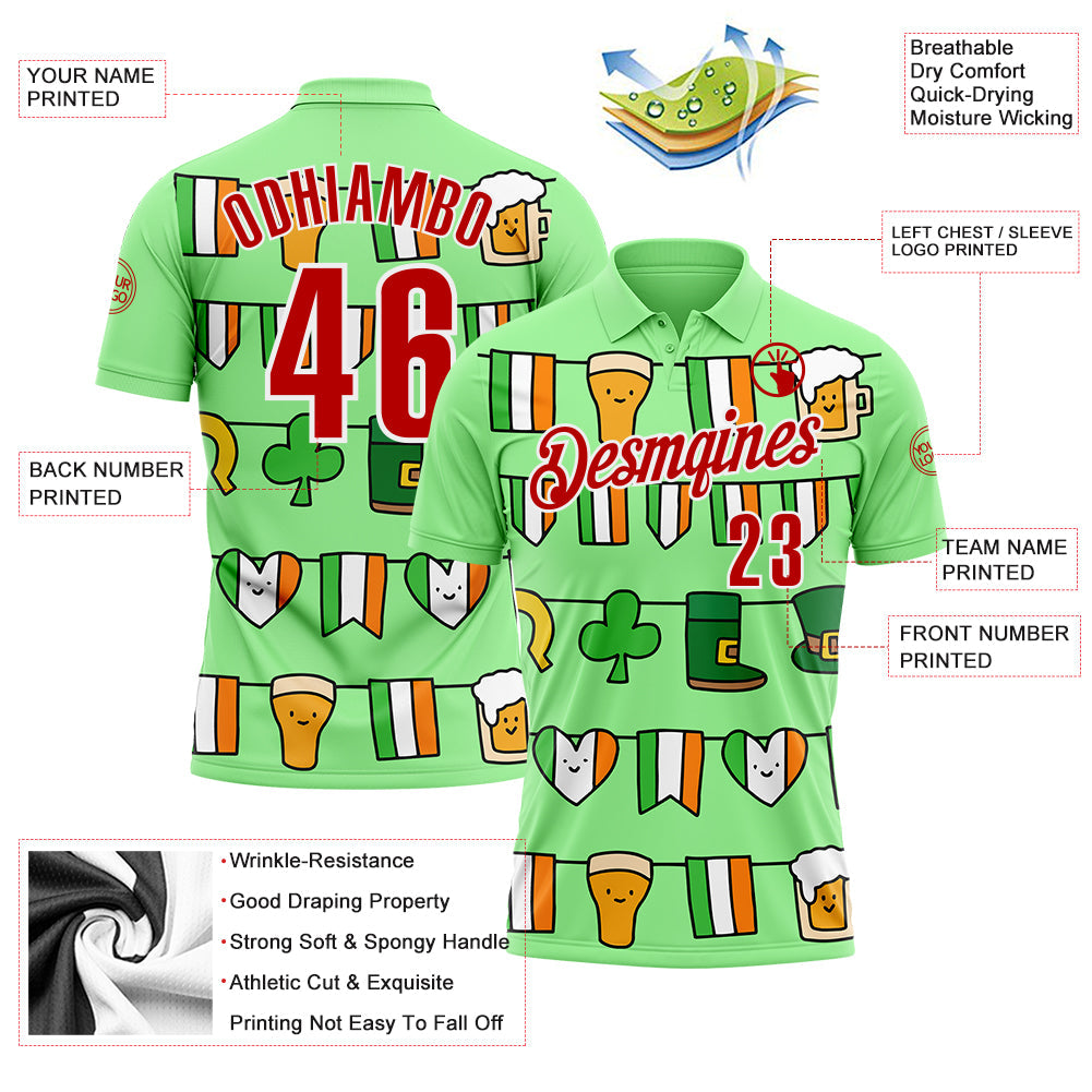 Custom Pea Green Red-White 3D St. Patrick's Day Shamrock Performance Polo Shirt view 3