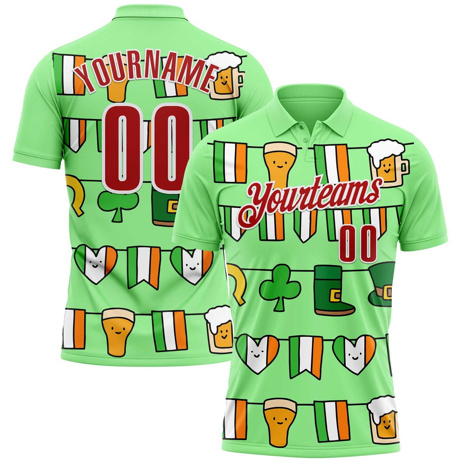 Custom Pea Green Red-White 3D St. Patrick's Day Shamrock Performance Polo Shirt - Main View