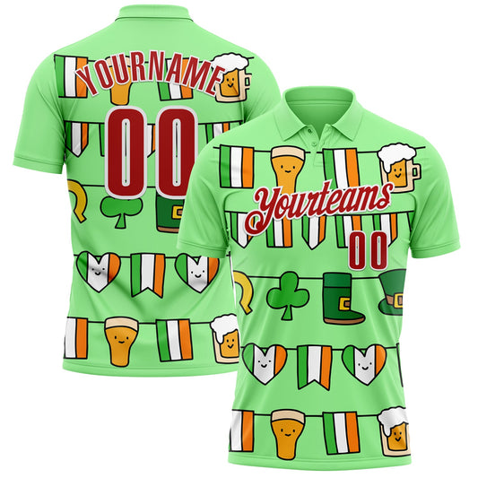 Custom Pea Green Red-White 3D St. Patrick's Day Shamrock Performance Polo Shirt - Main View