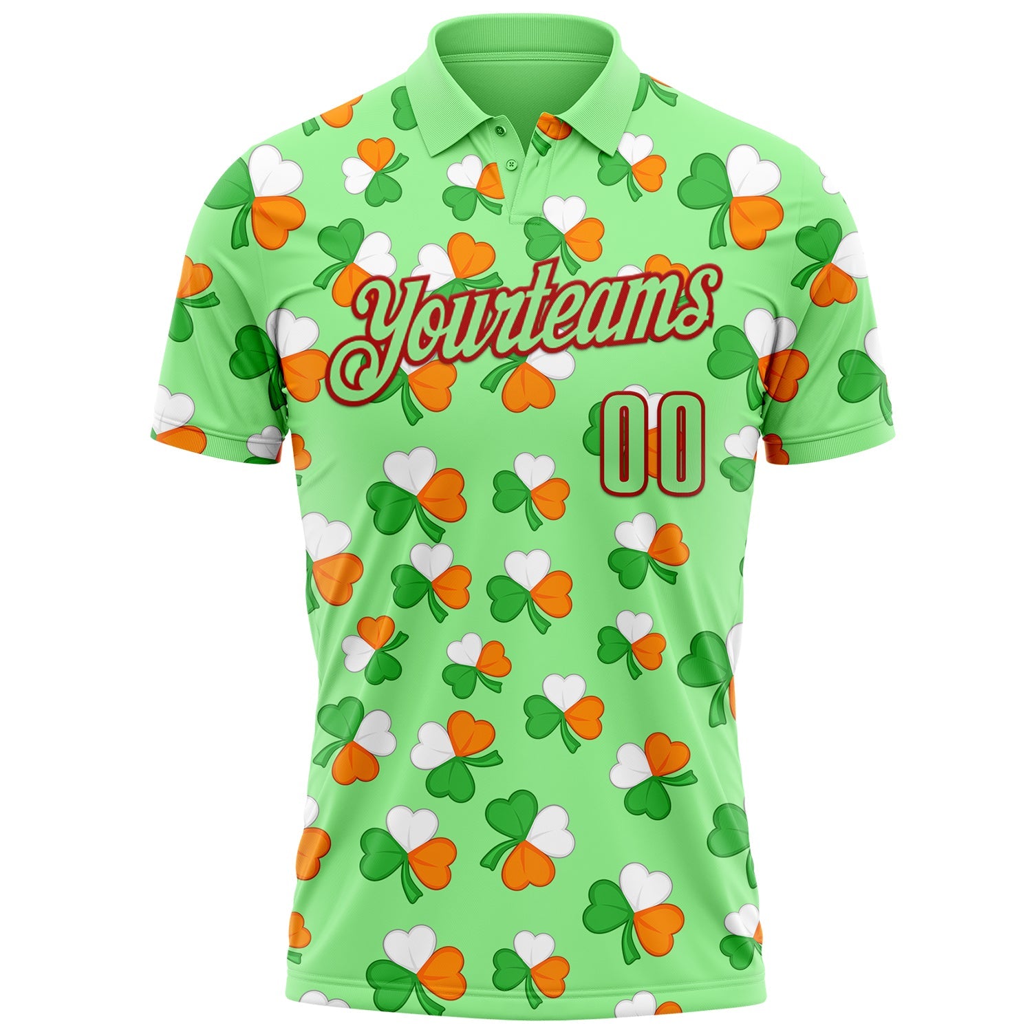 Custom Pea Green Red 3D St. Patrick's Day Shamrock Performance Polo Shirt view 2