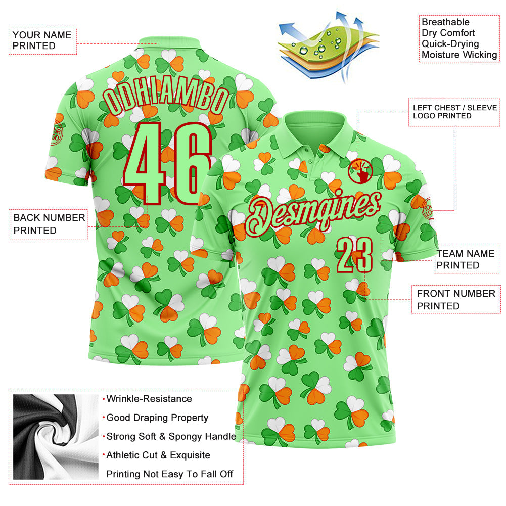 Custom Pea Green Red 3D St. Patrick's Day Shamrock Performance Polo Shirt view 3