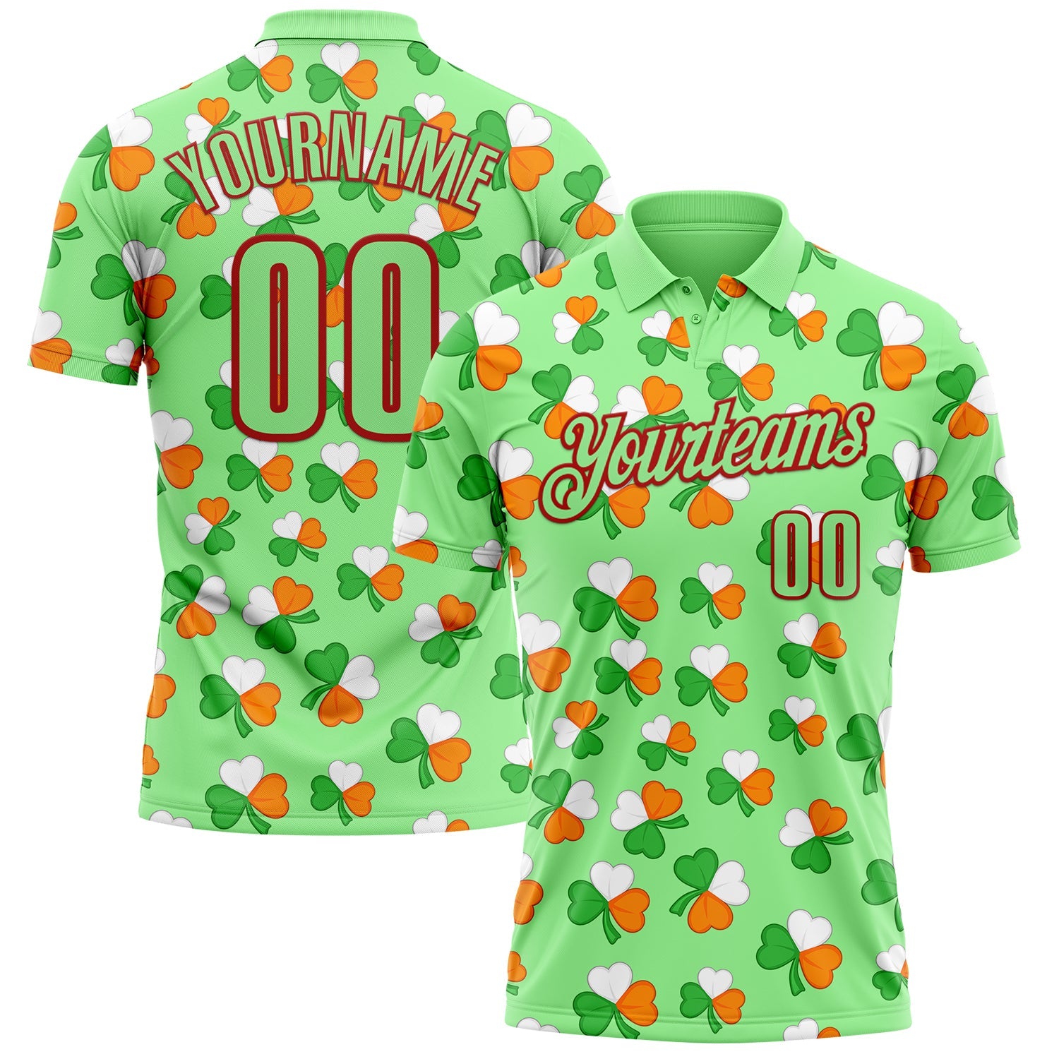 Custom Pea Green Red 3D St. Patrick's Day Shamrock Performance Polo Shirt - Main View