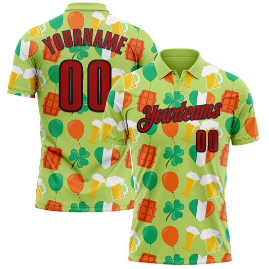 Custom Green Red-Black 3D St. Patrick's Day Shamrock Beer Performance Polo Shirt - Main View