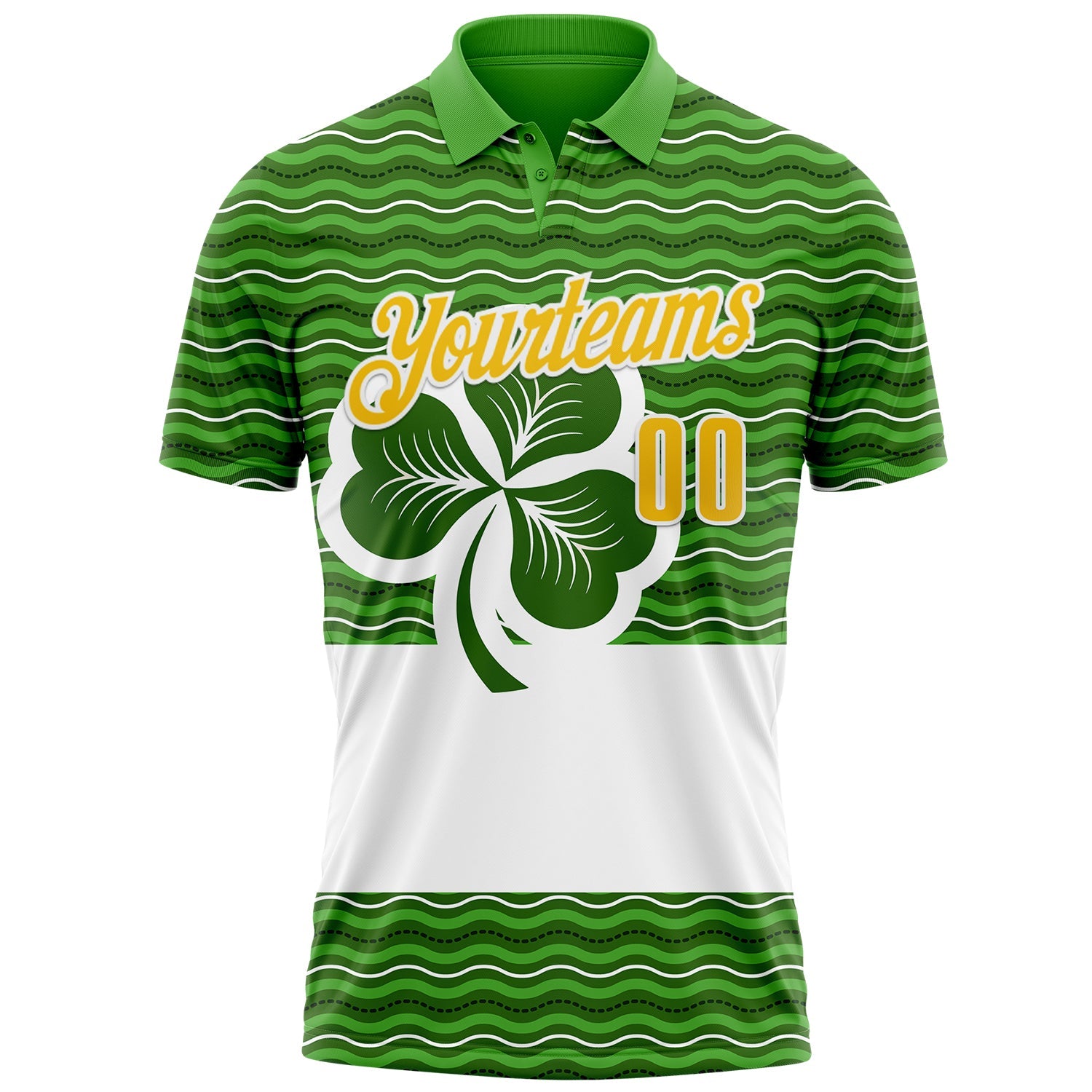 Custom Green Yellow-White 3D St. Patrick's Day Shamrock Performance Polo Shirt view 2