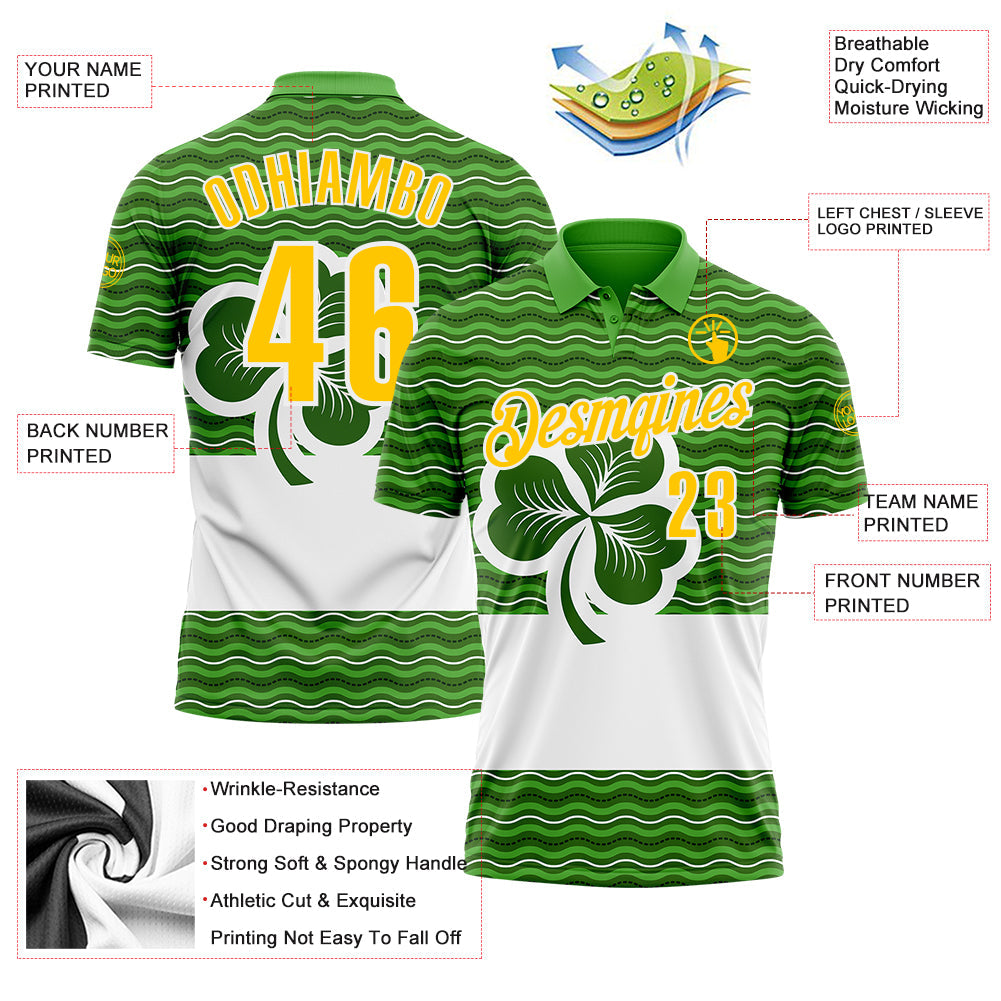 Custom Green Yellow-White 3D St. Patrick's Day Shamrock Performance Polo Shirt view 3