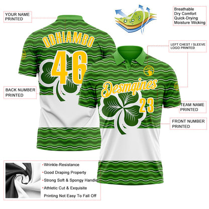 Custom Green Yellow-White 3D St. Patrick's Day Shamrock Performance Polo Shirt view 3