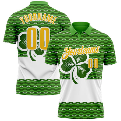 Custom Green Yellow-White 3D St. Patrick's Day Shamrock Performance Polo Shirt - Main View