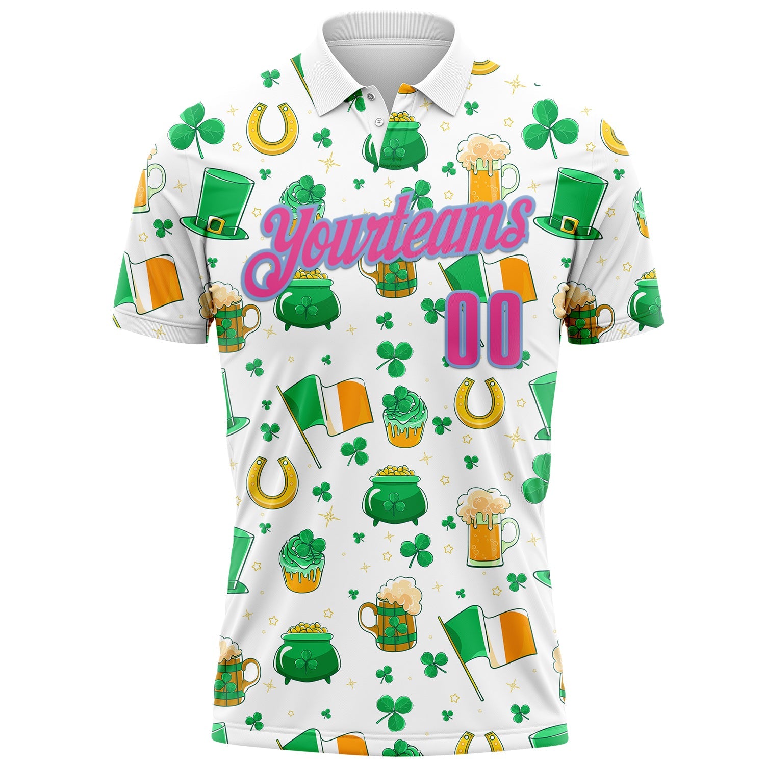 Custom White Pink-Light Blue 3D St. Patrick's Day Shamrock Beer Performance Polo Shirt view 2