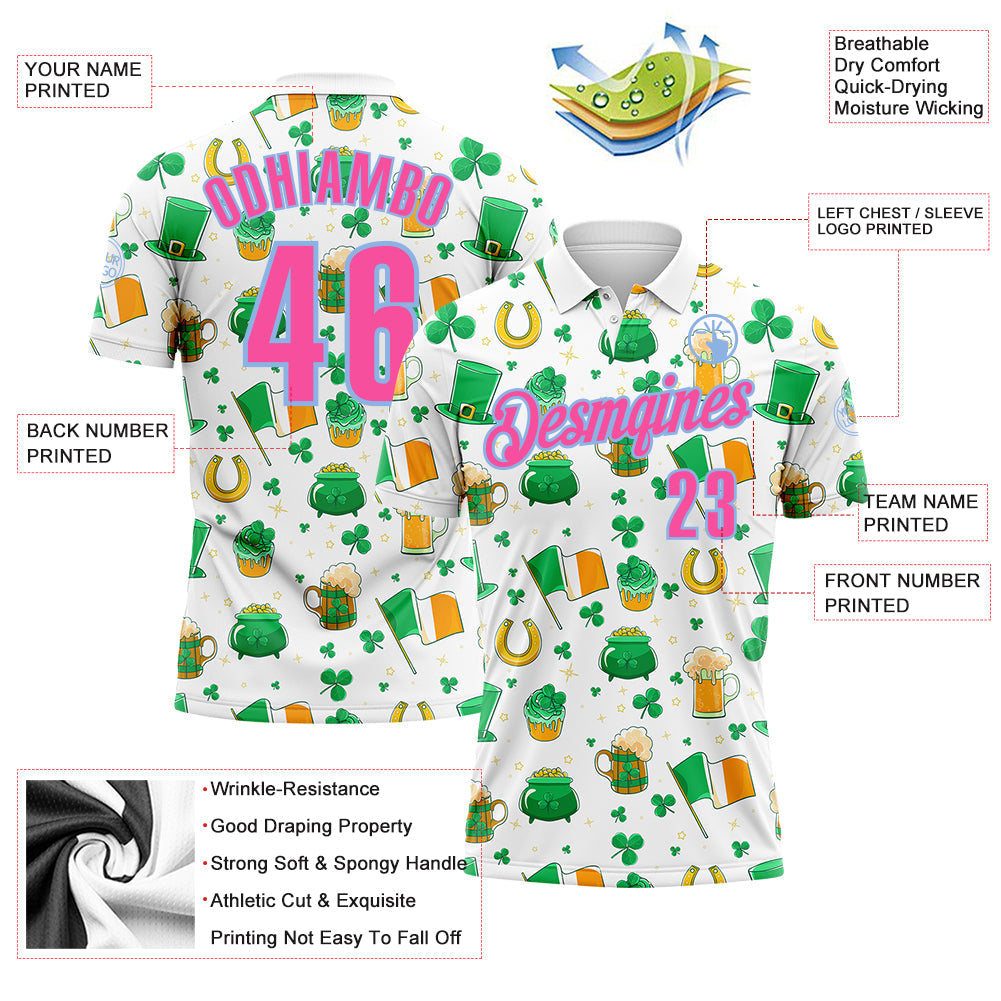 Custom White Pink-Light Blue 3D St. Patrick's Day Shamrock Beer Performance Polo Shirt view 3