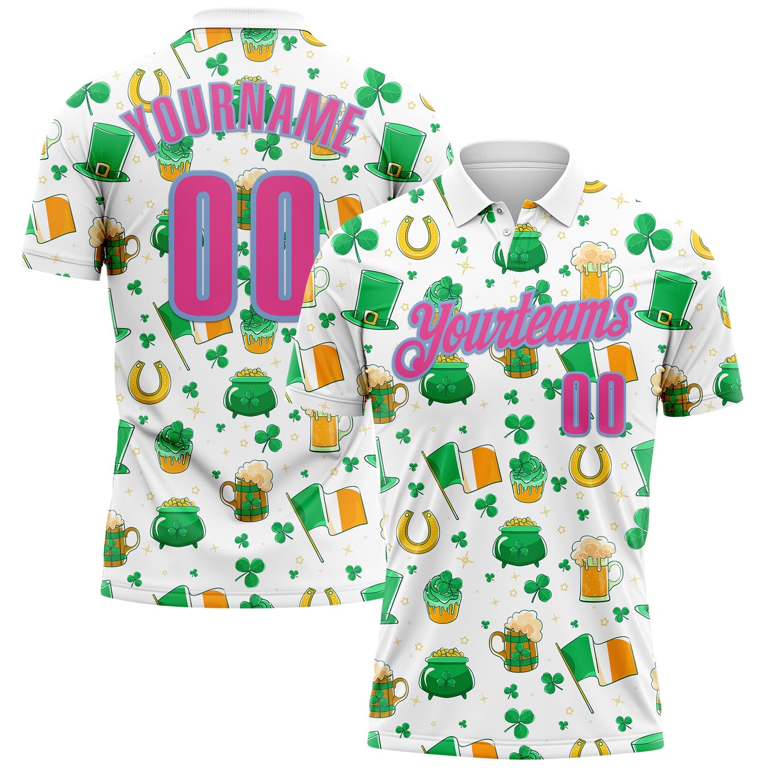 Custom White Pink-Light Blue 3D St. Patrick's Day Shamrock Beer Performance Polo Shirt - Main View