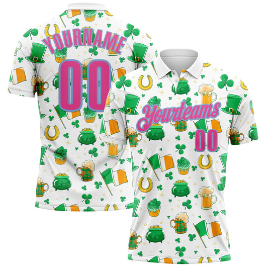 Custom White Pink-Light Blue 3D St. Patrick's Day Shamrock Beer Performance Polo Shirt - Main View