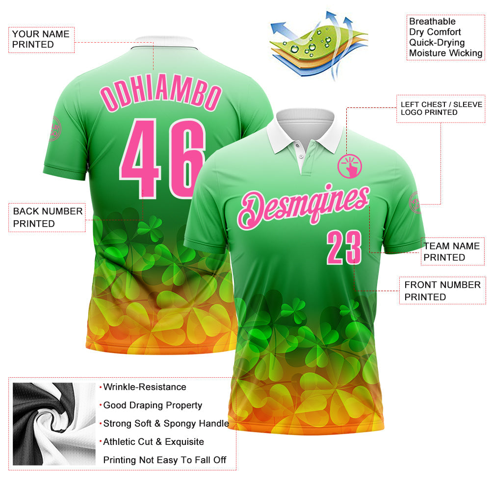 Custom Green Pink-White 3D St. Patrick's Day Shamrock Performance Polo Shirt view 3