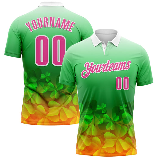 Custom Green Pink-White 3D St. Patrick's Day Shamrock Performance Polo Shirt - Main View