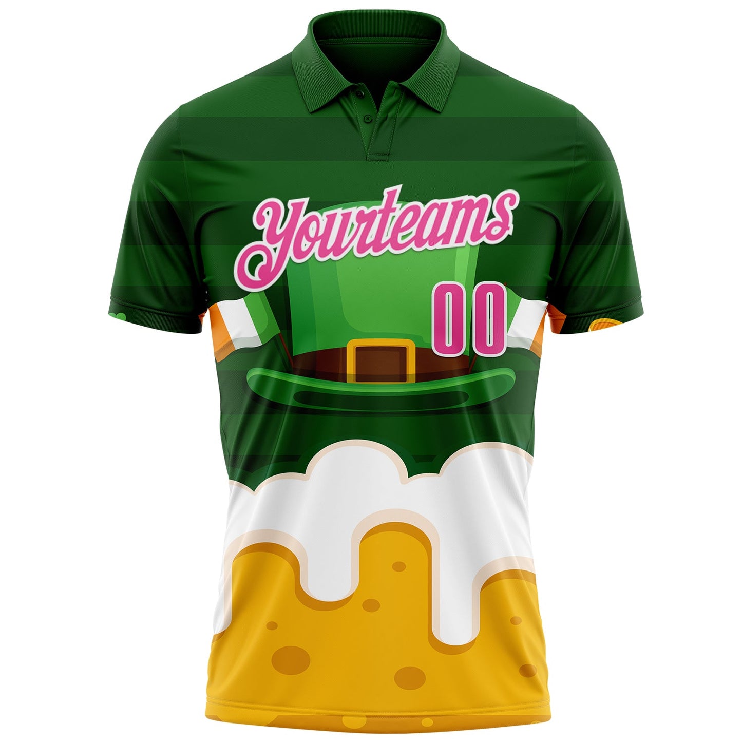 Custom Green Pink-White 3D St. Patrick's Day Shamrock Beer Performance Polo Shirt view 2