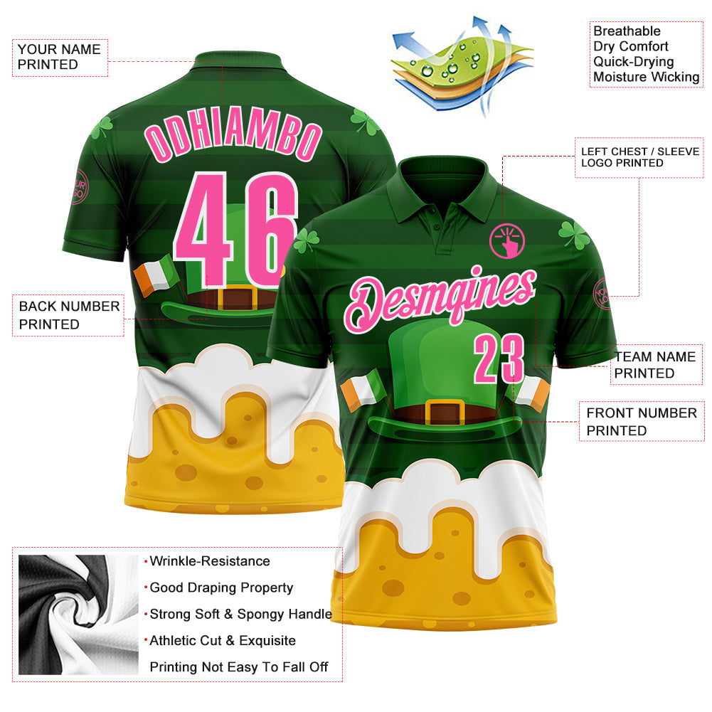 Custom Green Pink-White 3D St. Patrick's Day Shamrock Beer Performance Polo Shirt view 3