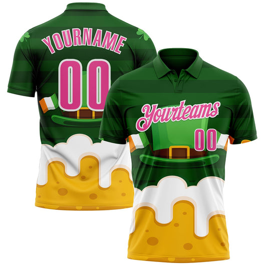 Custom Green Pink-White 3D St. Patrick's Day Shamrock Beer Performance Polo Shirt - Main View