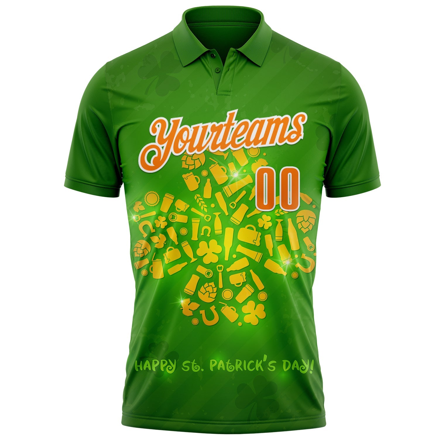 Custom Green Bay Orange-White 3D St. Patrick's Day Shamrock Performance Polo Shirt view 2