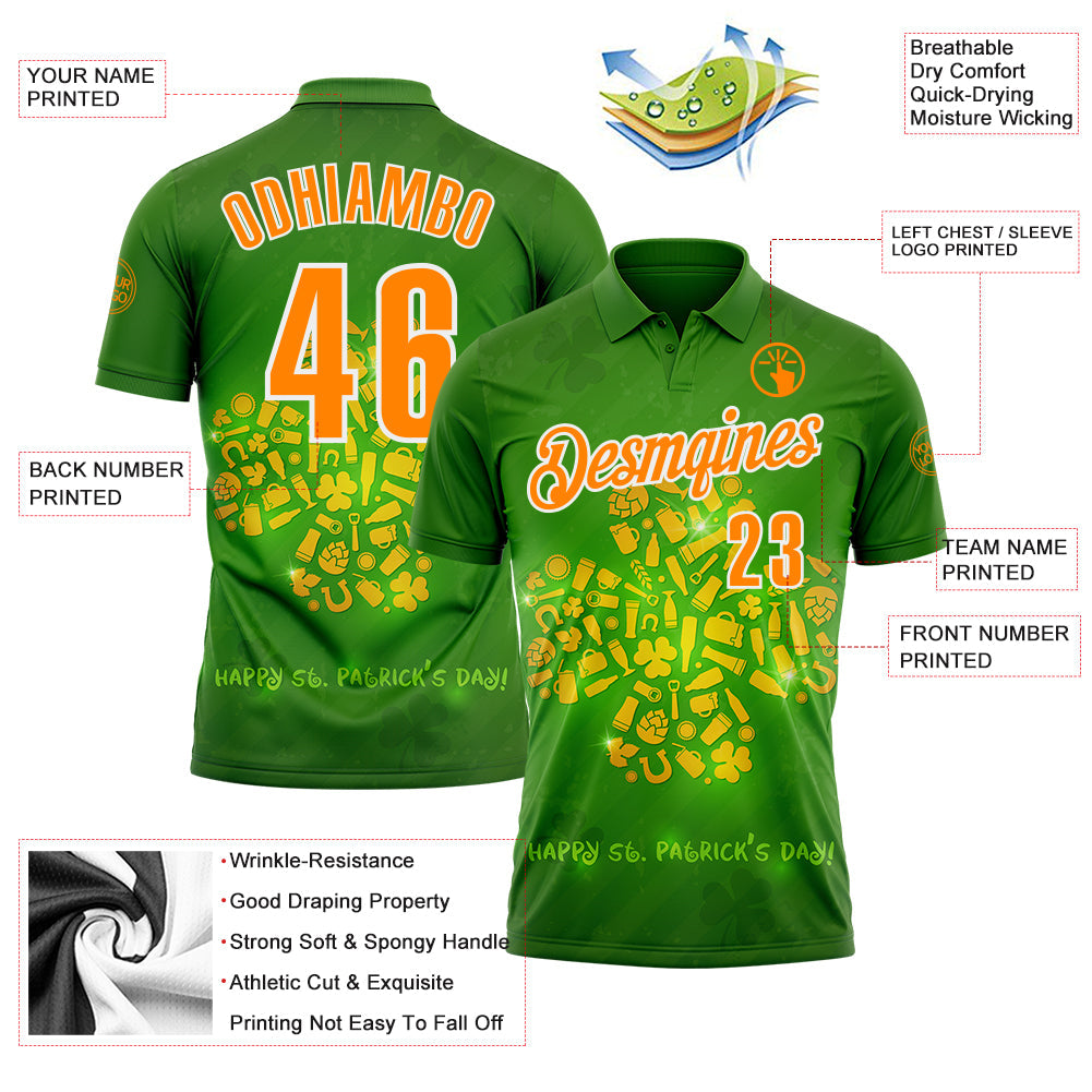 Custom Green Bay Orange-White 3D St. Patrick's Day Shamrock Performance Polo Shirt view 3