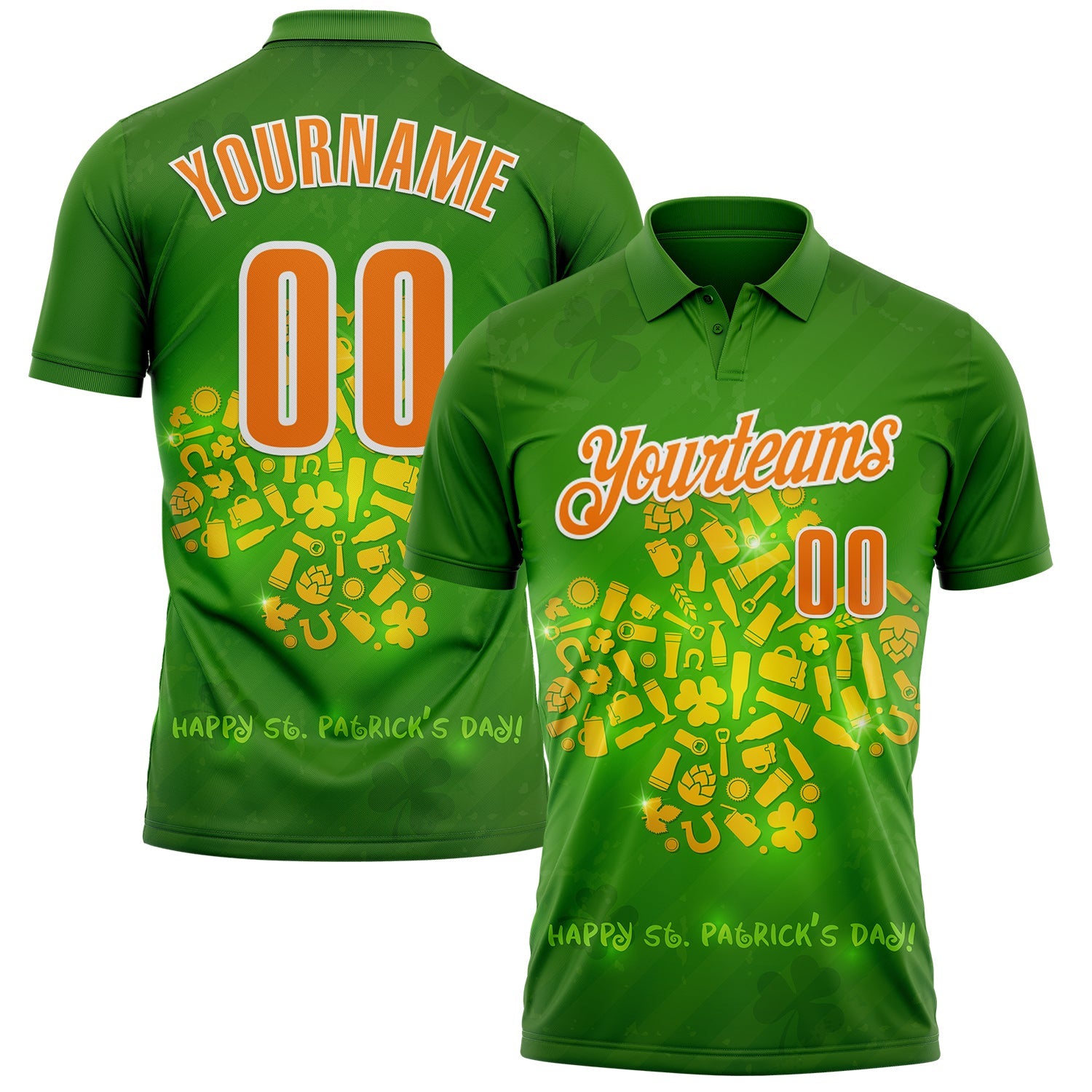 Custom Green Bay Orange-White 3D St. Patrick's Day Shamrock Performance Polo Shirt - Main View