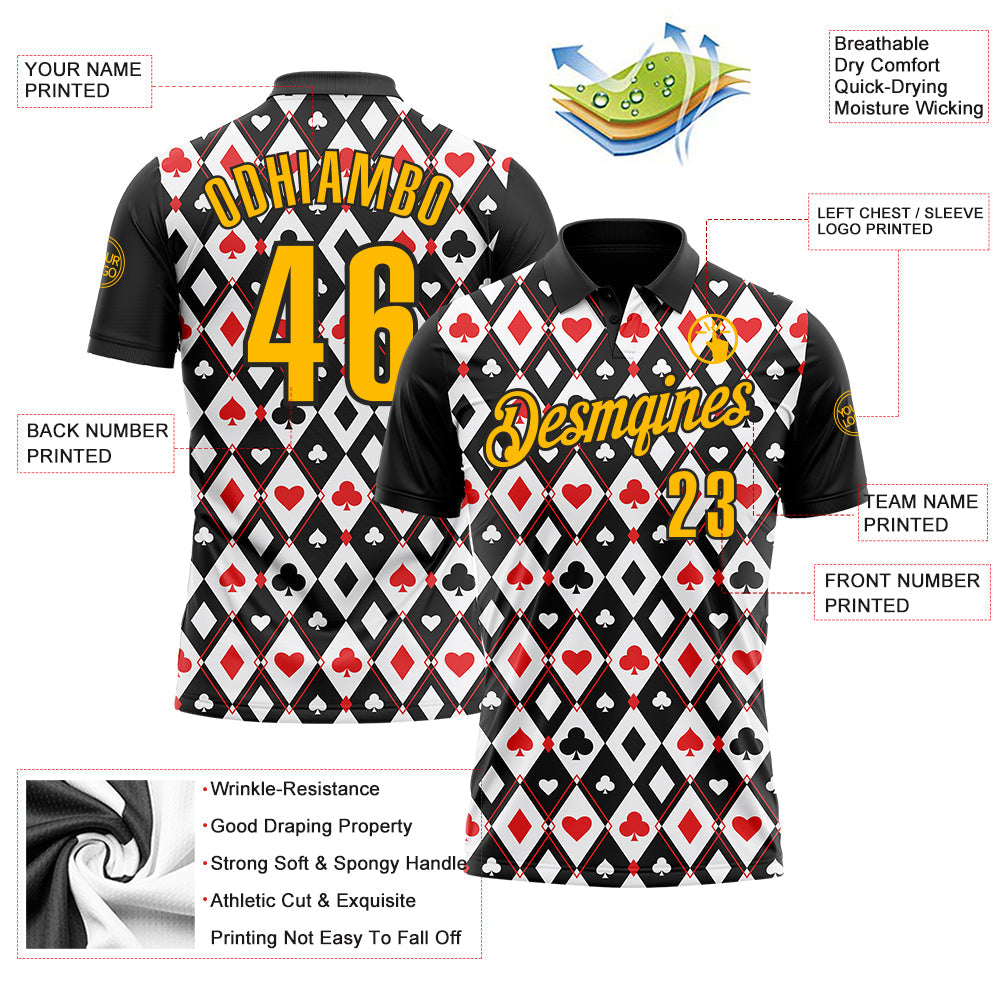 Custom Black Gold-White 3D Poker Performance Polo Shirt view 3