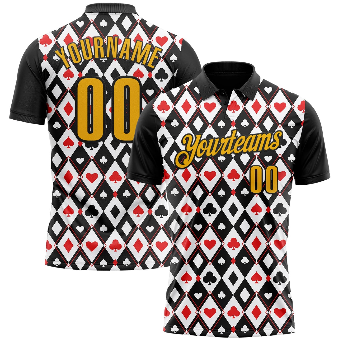 Custom Black Gold-White 3D Poker Performance Polo Shirt - Main View