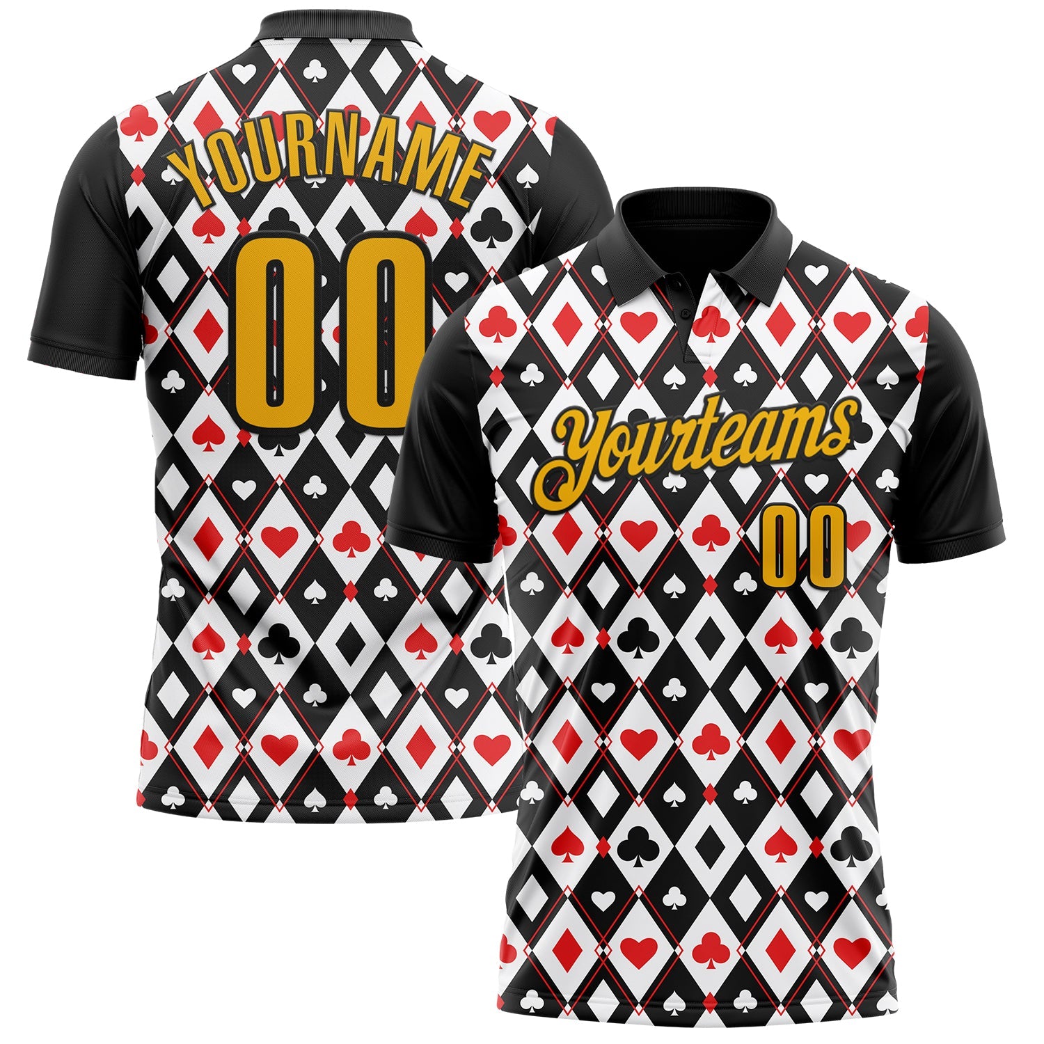 Custom Black Gold-White 3D Poker Performance Polo Shirt - Main View