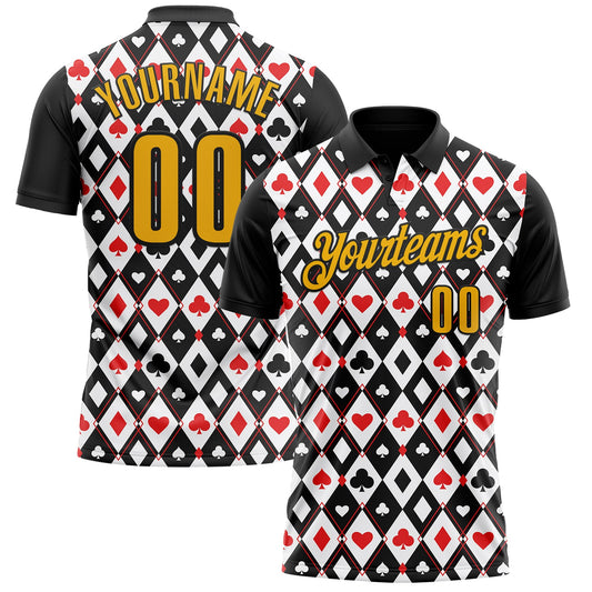 Custom Black Gold-White 3D Poker Performance Polo Shirt - Main View