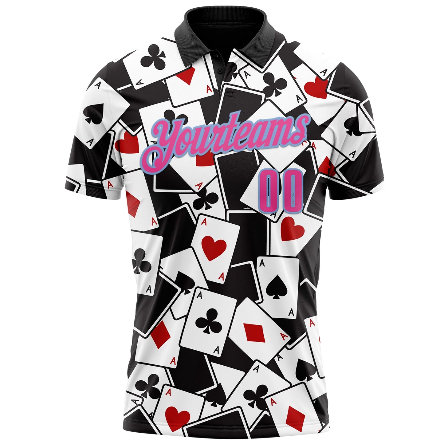 Custom Black Pink-Light Blue 3D Poker Performance Polo Shirt view 2