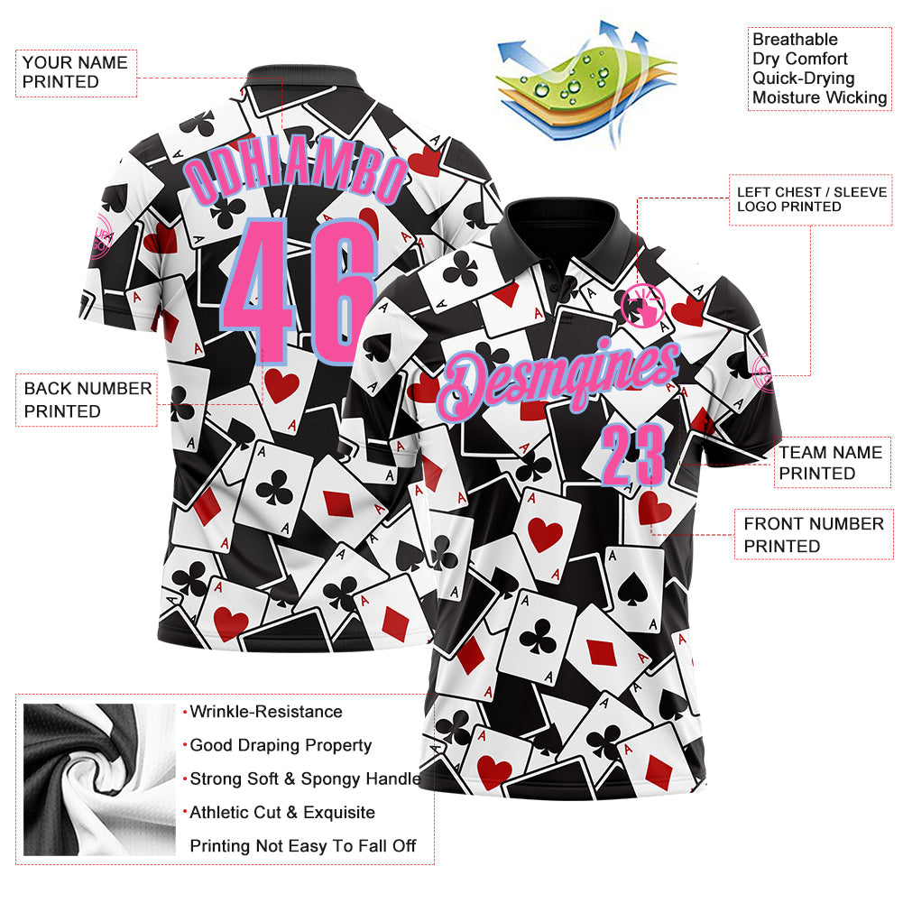 Custom Black Pink-Light Blue 3D Poker Performance Polo Shirt view 3