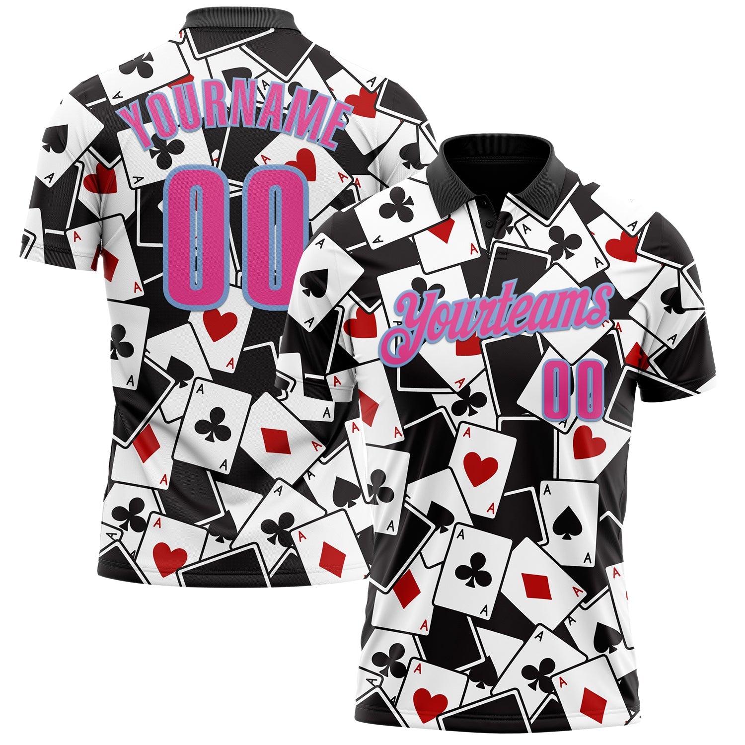 Custom Black Pink-Light Blue 3D Poker Performance Polo Shirt - Main View