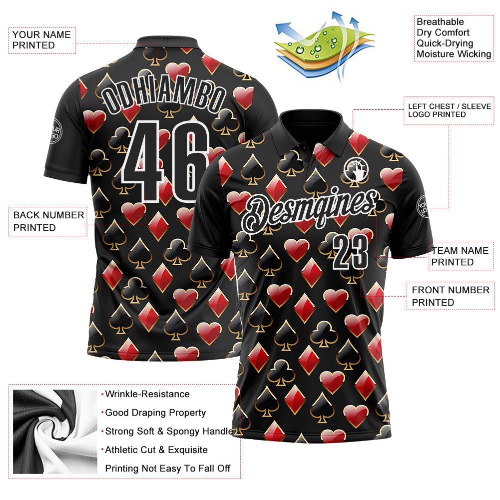 Custom Black White 3D Poker Performance Polo Shirt view 3