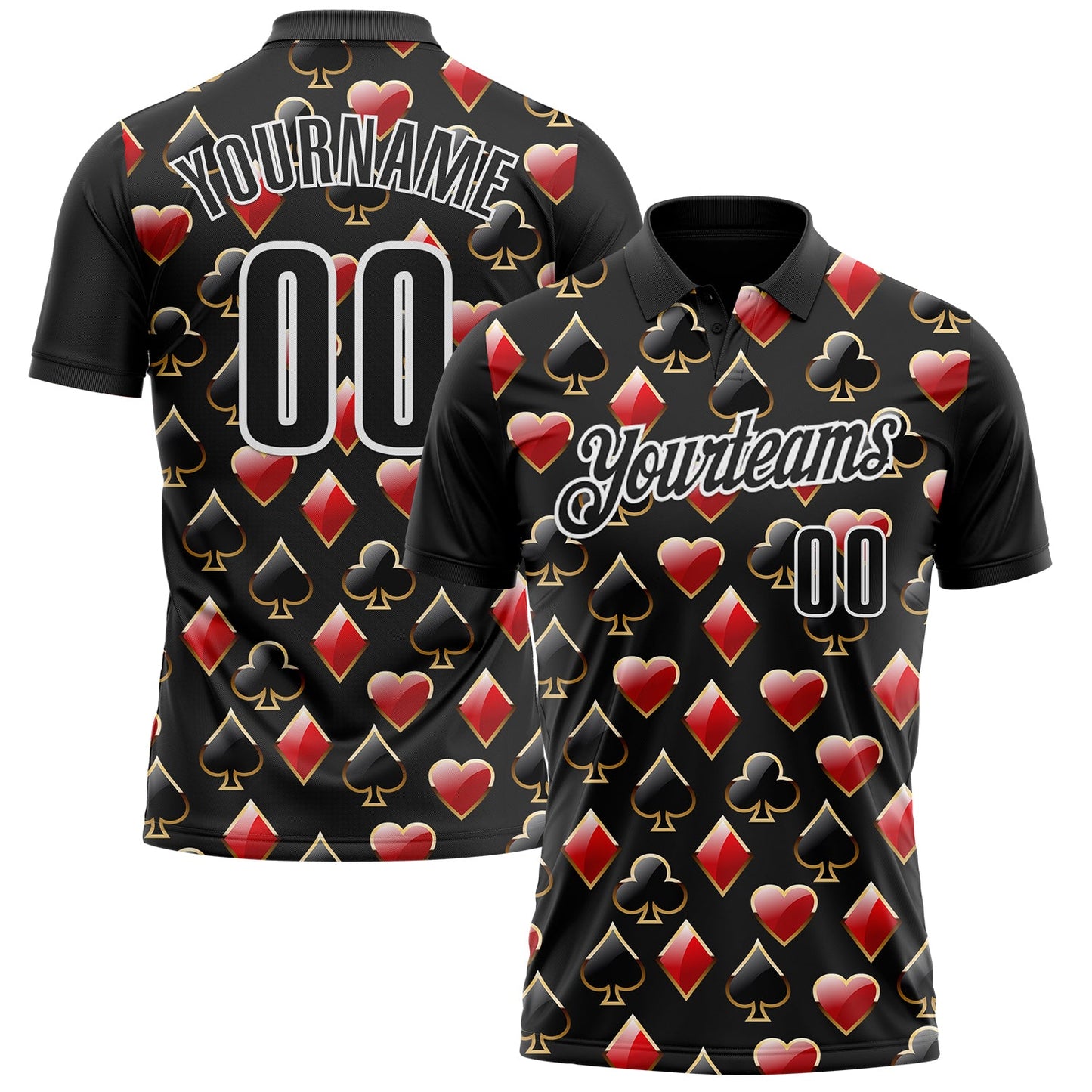 Custom Black White 3D Poker Performance Polo Shirt - Main View