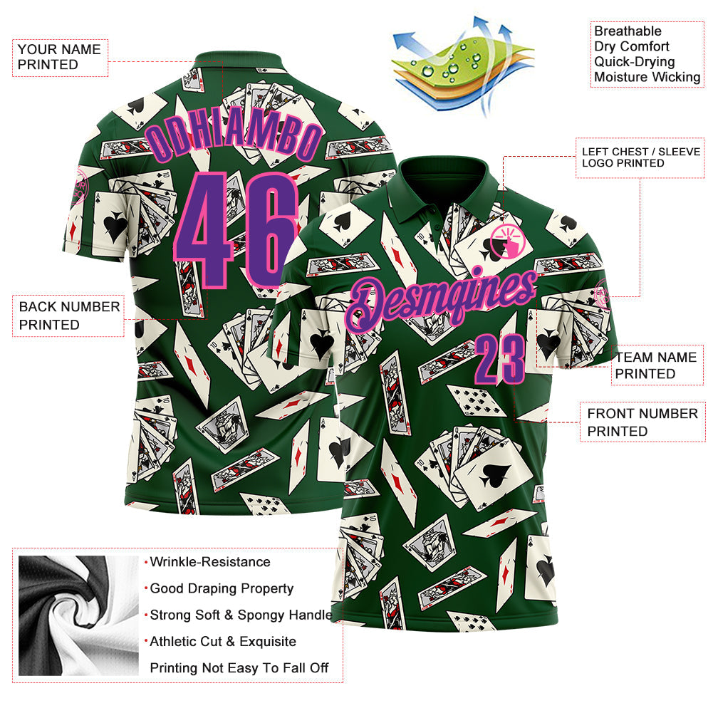 Custom Green Purple-Pink 3D Poker Performance Polo Shirt view 3