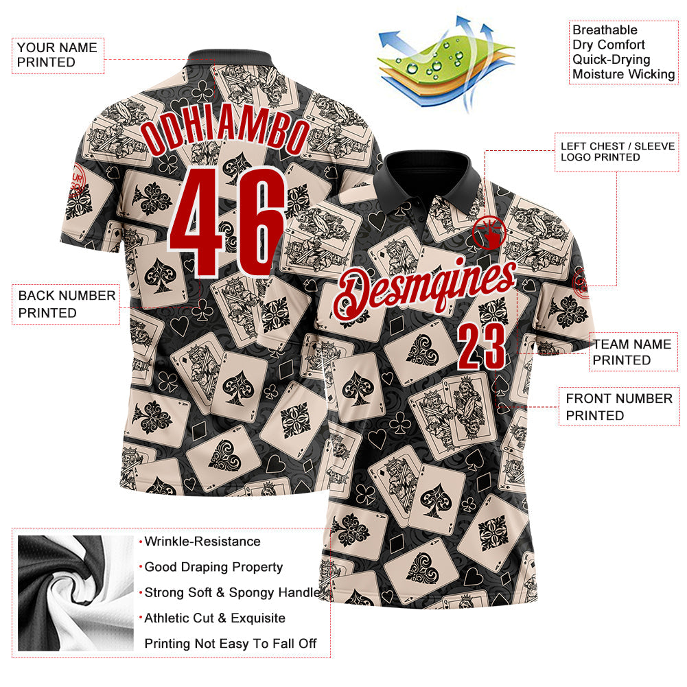 Custom Black Red-White 3D Poker Performance Polo Shirt view 3