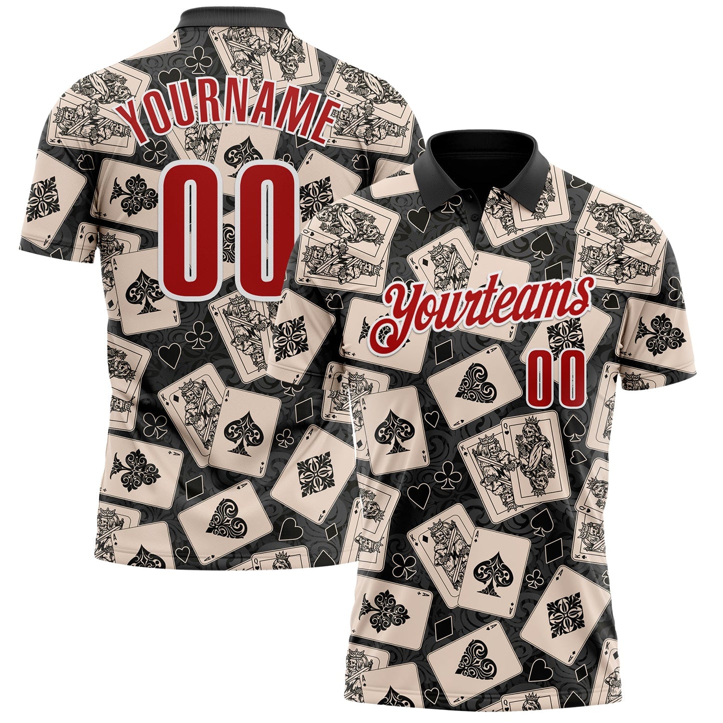 Custom Black Red-White 3D Poker Performance Polo Shirt - Main View