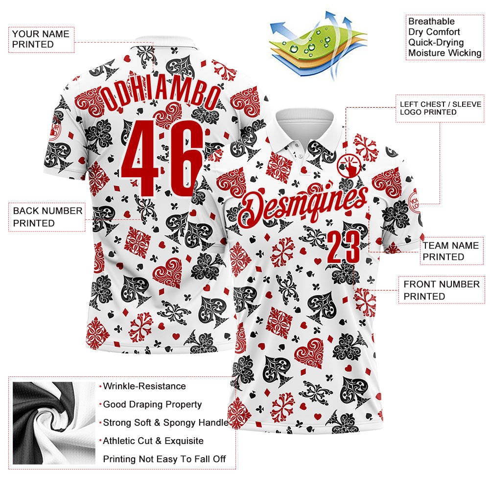 Custom White Red 3D Poker Performance Polo Shirt view 3