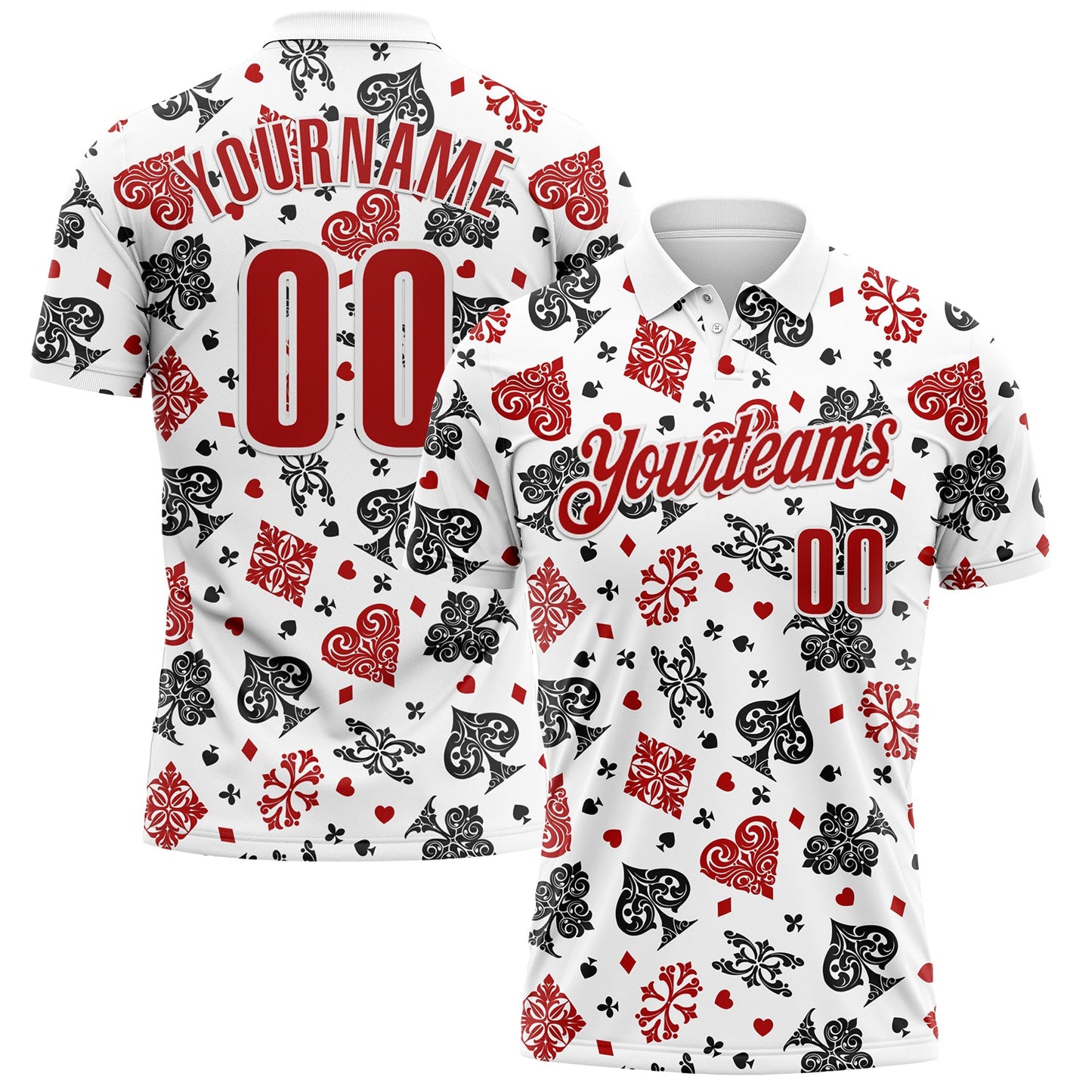 Custom White Red 3D Poker Performance Polo Shirt - Main View