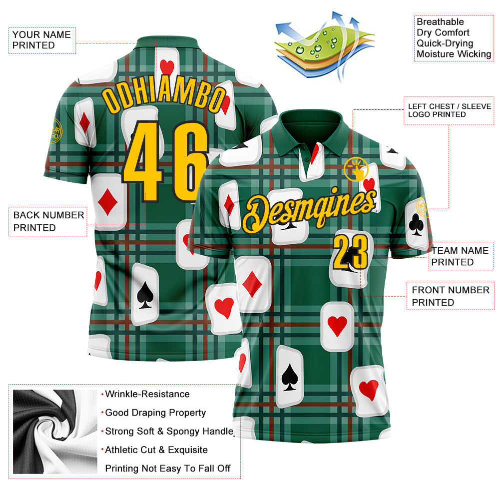 Custom Green Yellow-Black 3D Poker Performance Polo Shirt view 3